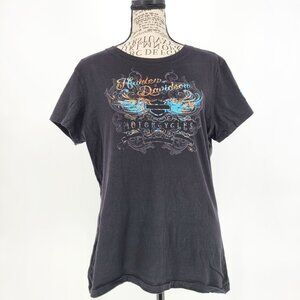 Harley Davidson Women’s XL Black T-Shirt Distressed Blue Orange Graphic